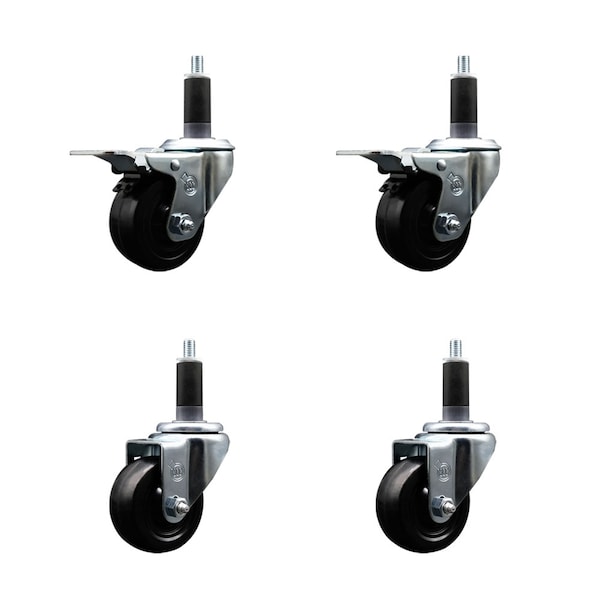 3'' Hard Rubber Swivel 1-1/8'' Expand Stem Caster Set 2 Total Lock Brakes, 4PK